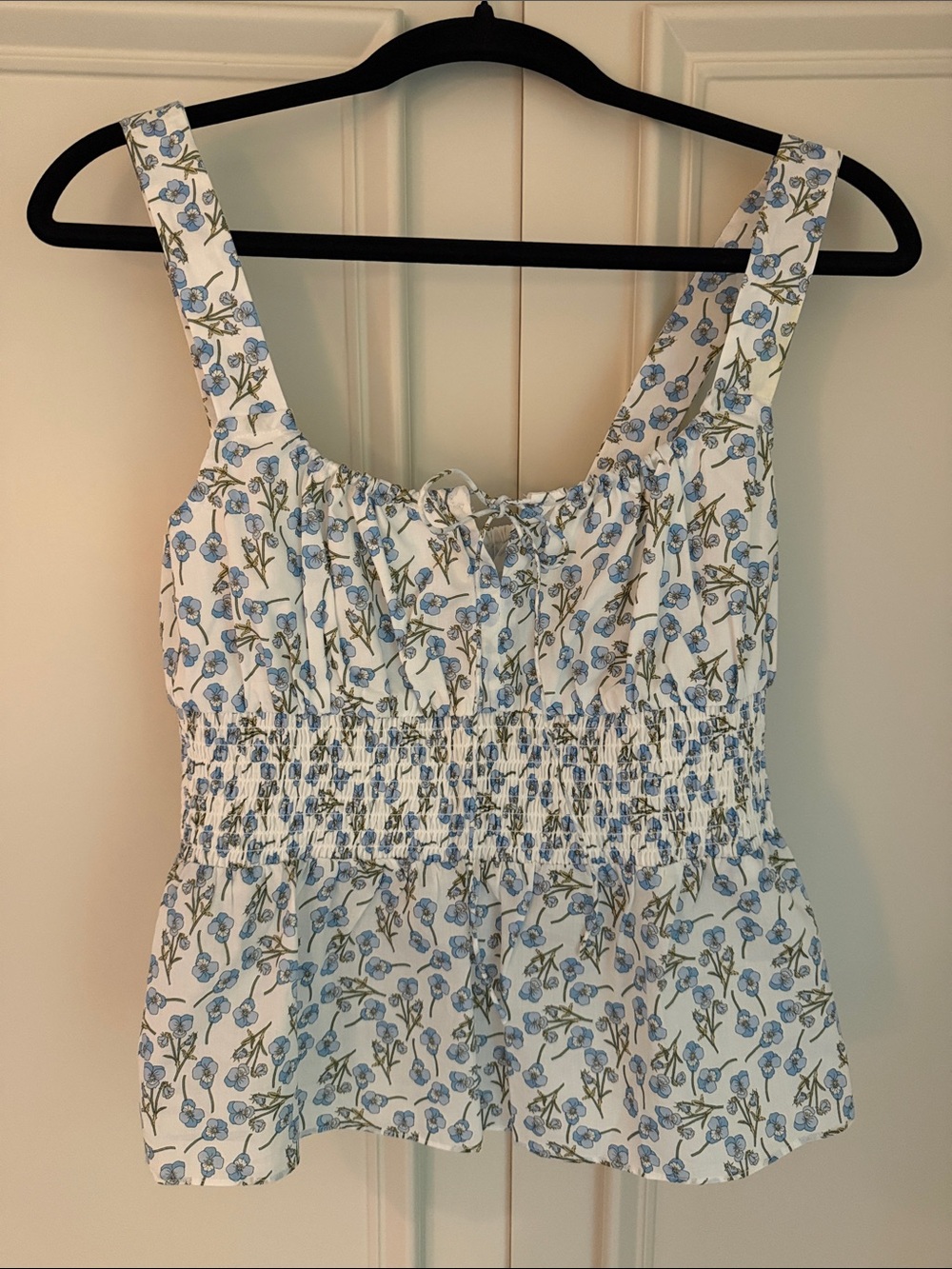 J. Crew x Liberty White Floral Smocked Waist Tank Top with Blue Blossoms
